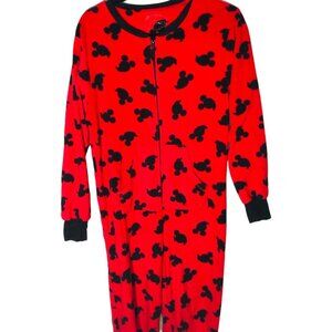 Disney feet pajamas red black mickey ears long sleeve zipper front size 10 READ